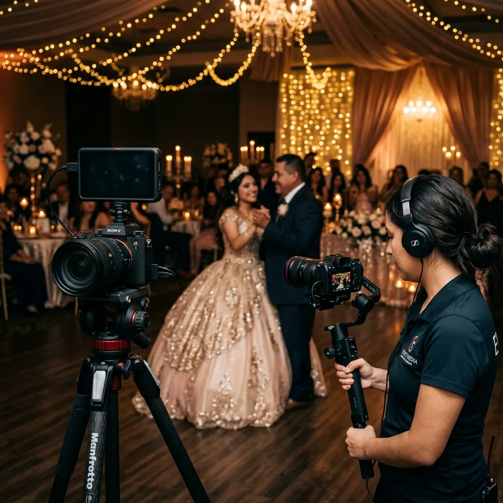 Professional videographer filming a quinceañera waltz