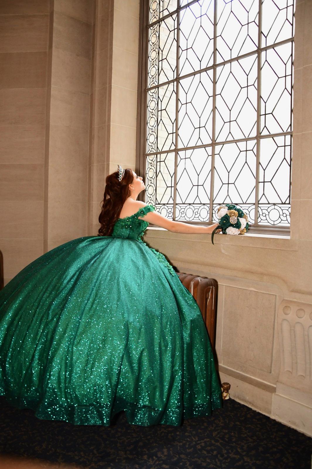 Emerald gown stained glass window portrait