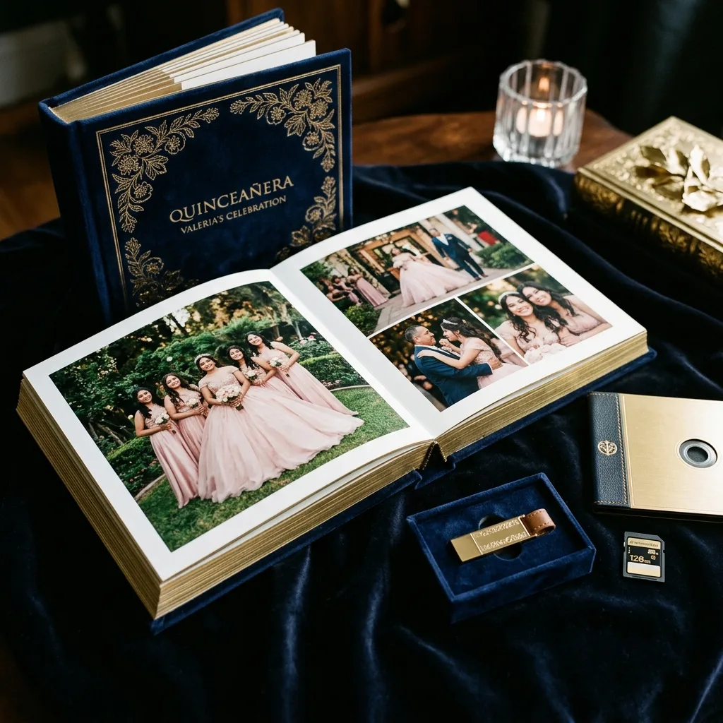 Luxury Quinceañera signature album open with USB and SD card