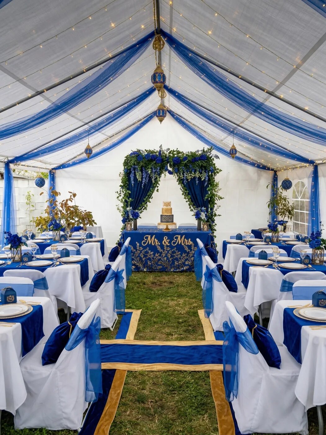 Sweet 16 royal venue setup with blue and gold décor