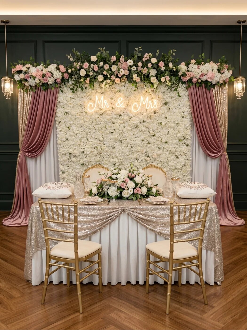 Wedding sweetheart table with floral backdrop