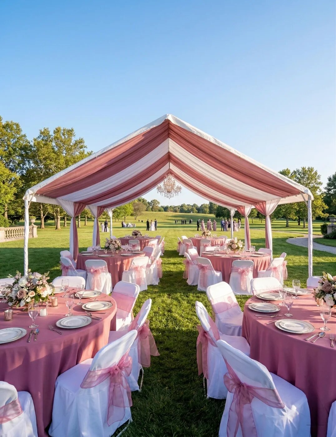 Outdoor event tent with table and chair rentals